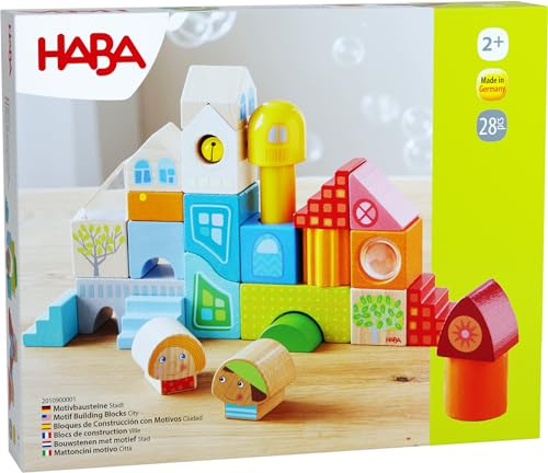 HABA Motivbausteine Stadt - Bunte Holzbausteine zum Häuserbau - Für lustige Rollenspiele - Made in Germany - Für Kinder ab 2 Jahren - Fördert die Kreativität - 2010900001