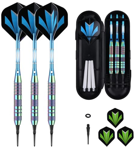 sanfeng Darts Plastic Tip Set - 21g Colorful Rainbow Soft Tip Darts 50 Anti-Loose O-Rings 6 Shaft (Aluminum/Nylon 45mm) 6 Durable Flights Extra 50 Soft Tips Electronic Dartboard