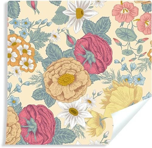 TSOPEFI Papier peint autocollant floral vintage rose rouge blanc pour murs, armoires,tiroirs,plans de travail,bibliothèques,buanderie,cuisine,salle de bain (40 × 300 cm)