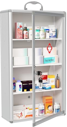 ALTORICO 60x14x35 cm Medizinschrank aus Aluminiumlegierung, Medikamenten-Schrank mit 4 Fächer und Sperren, Arzneischrank, Apothekerschrank, Erste-Hilfe-Schrank für Medikamente, Verbandszeug, Silber