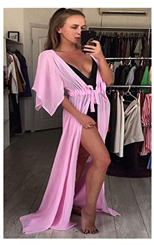HWJFDC Strandöverdrag Dam Sommar Lady Beach Cover Up Bikini Sexig Lång Chiffonklänning för Kvinnor Strand Solid Strandklänning Dam Strand Baddräkt (Pink)