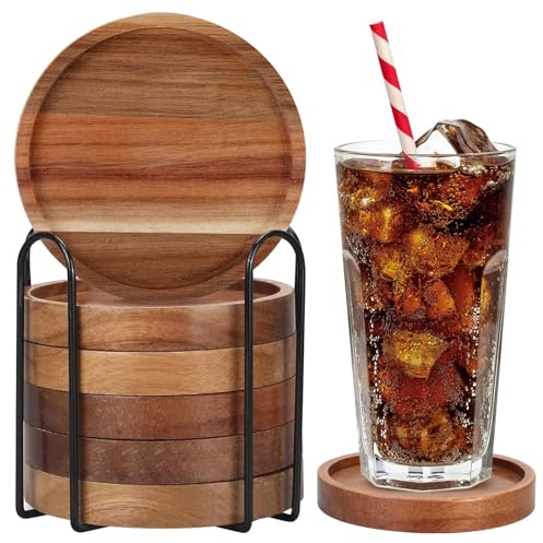 GBKDQQ Lot de 6 dessous de verre ronds en bois d'acacia réutilisables - Support en fer noir pour boissons, café, bar, cuisine