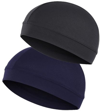 Anseom 2 Piezas Ciclismo Skull Cap Gorro Deportivo Gorra Calavera Respirable Sombrero de Casco Multifuncional Transpirable Skull Cap Gorro de Correr Hombre y Mujer (Negro+Azul marino)