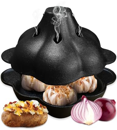 Pinra Pre-Seasoned Cast Iron Dutch Oven Pot, Potato Garlic Roaster Baker, Roasted Garlic Potatoes Cooker for Kitchen Oven or Outdoor BBQ Grill, Cast-Iron Ramekin Pot with Lid