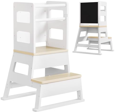 Yorbay Tour d'apprentissage pour enfants à partir de 1 an : tour d'apprentissage élégante avec tableau – Tour d'apprentissage Montessori massive pour enfants – Avec 2 marches et barre de sécurité