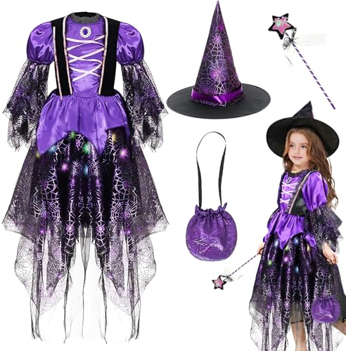 FainFun Disfraz de hechicera para niña con luces, incluye sombrero de bruja, varita mágica, falda luminosa, bolsa de dulces, adecuado para mascarada, Halloween, escenario de actuación (lila, L)