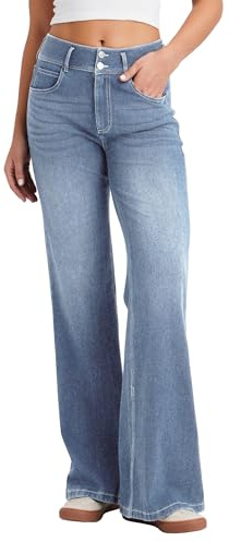 LaiEr Jeans à Jambe Large pour Femmes,avec Design de Devant à Boutons Doubles et Fermeture éclair,Coupe Ample,Pantalon en Denim à Haute élasticité adapté.BleuClairMoyen,XL