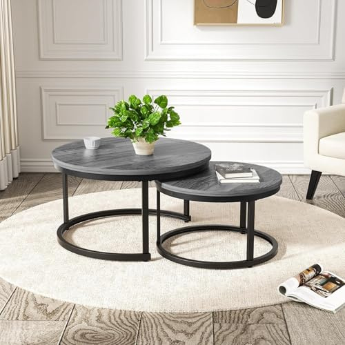 Hawthyhome 2 Stücke Beistelltisch Set rund, Couchtisch aus Holz mit Metallrahmen,Moderne Kaffeetische Satztische für Wohnzimmer Schlafzimmer Grau