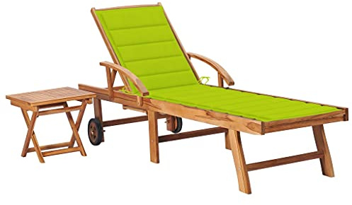 Lettino Prendisole in Legno di Teak Massello,con Tavolino e Cuscino Integrato,Schienale Regolabile 3 Posizioni,Poggiapiedi Regolabile,Sdraio da Giardino,Lettino da Spiaggia,Verde,195 x 59.5 cm