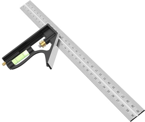 Combination Square, Adjustable Set Square with 12Inches/300mm Scale, Stainless Steel Combo Square 45/90 Degree with Bubble Level Measuring Tool for Woodworking Engineer Carpenter