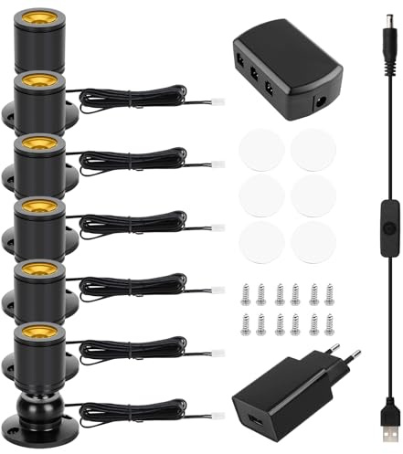 Bordeag - Lote de 6 focos LED giratorios 360 °, LED Spotlichter, LED de visualización, Schwenkbar Mini LED Spot 3000 K, blanco cálido, lámpara für Schrank, Flur, Galerano, Geschäfte, Schmuckschrank