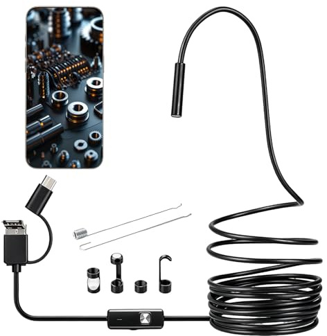 Endoscopio per Smartphone con Luce，Doppia Lente 1920P HD Telecamera Endoscopica，IP67 Impermeabile Telecamera Ispezione Tubi con Cavo Semirigido da 5 M per Android e iOS
