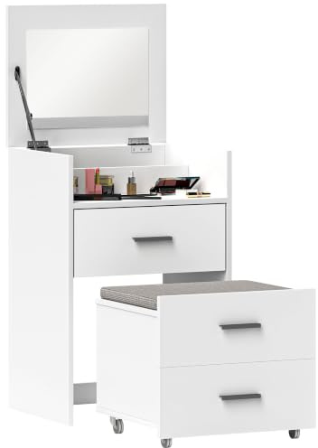 HOMCOM Coiffeuse avec Miroir relevable et Tabouret à roulettes Blanc | Table de Maquillage, 2 Tiroirs, Coussin Amovible Effet Velours, pour Chambre à Coucher