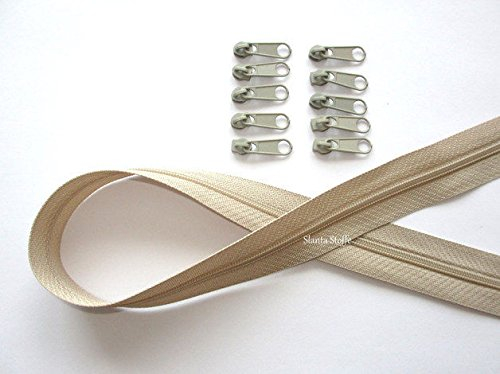 5m Reißverschluss endlos, Spirale 3mm + 15 Schieber/Zipper 32 Farben, Meterware (Beige)