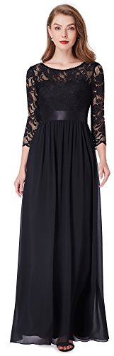Ever-Pretty Vestito Donna Elegante Cerimonia 3/4 Manich Stile Impero Maxi Linea ad A Pizzo Chiffon Abiti da Damigella Nero 42