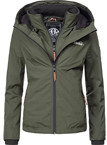 MARIKOO leicht gefütterte Damen Übergangsjacke kurze Sommerjacke mit kuscheligem Fleece-Innenfutter und großer Kapuze Erdbeere Olive Gr. M