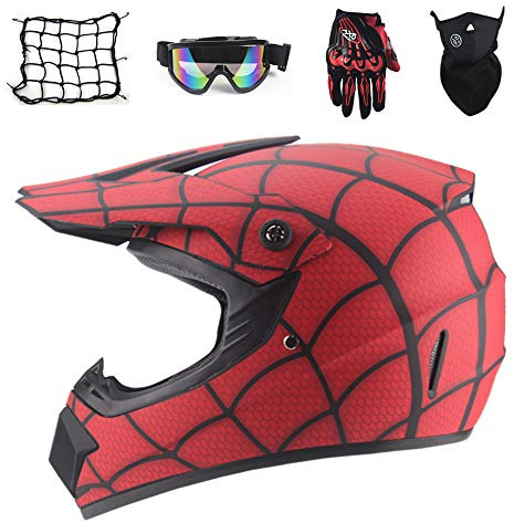Casque Moto Enfant Rouge Araignée (5 PCS) - Set Protection Integral Hors Route BMX VTT Velo Quad ATV Scooter