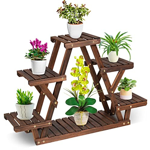 RELAX4LIFE Étagère à Fleurs en Bois, Support de Pots avec Grande Capacité pour Décoration, Porte-Plantes Extérieur et Intérieur (4 étagères / style3)