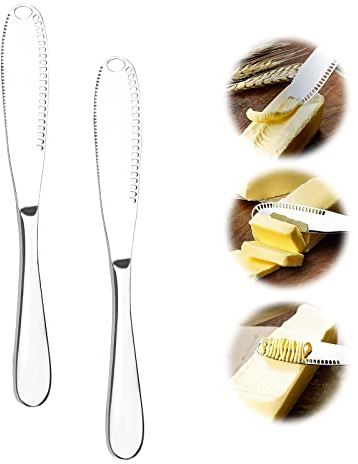 KAIAIWLUO Coltello da Burro,2 Pezzi Coltello da Formaggio Multifunzione Taglia Burro con Bordo Seghettato Spatola in Acciaio Inox per Burro per Salse Formaggi Burro Panna