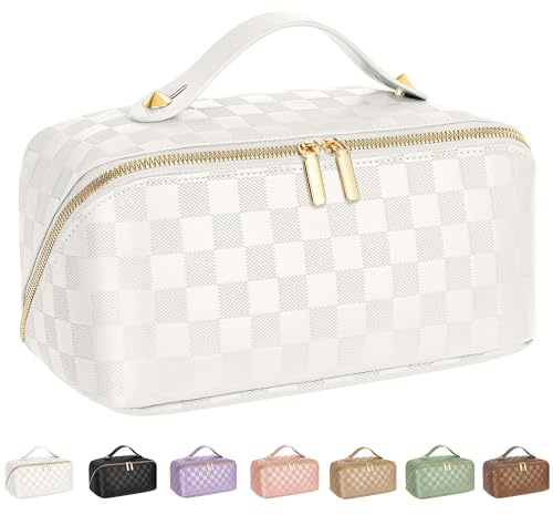 ALEXTINA Travel Makeup Bag, Large Capacity Cosmetic Bag for Women, Open Flat Make up Bag, Waterproof PU Leather Checkered Makeup Organizer Bag with Collapsible Handle,Toiletry Bag for Cosmetics, White