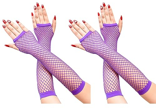 COSFAN 2 Paar Damen Netzhandschuhe,Lange Fingerlose Mesh Handschuhe,Elastische Hohle Handschuhe für Kleid Tanz Party Kostüm Zubehör (Lila)