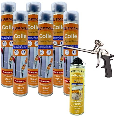 DSTOCK60 - Lot de 6 colles de montage polyuréthane + 1 pistolet + 1 nettoyant mousse - Mousse polyuréthane faiblement expansive pour le collage des panneaux isolants, rouleaux de bitume, huisseries