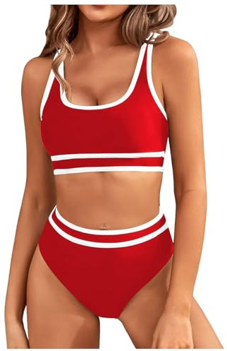Genfien Bikiniset för kvinnor bikini toppar hög midja botten magkontroll baddräkter utskurna damer baddräkt kostymer vadderade strandkläder, Röd, S