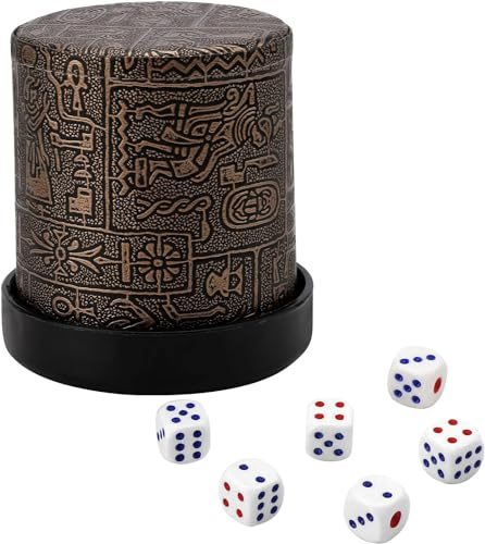 Dncvb Würfelbecher Set mit 6 Würfeln Kniffelbecher Leder mit Deckel, Knobelbecher mit Gravur 9 cm Leder Würfelbecher Klassischer Handgearbeiteter für Liars Farkle Yahtzee-Brettwürfelspiele