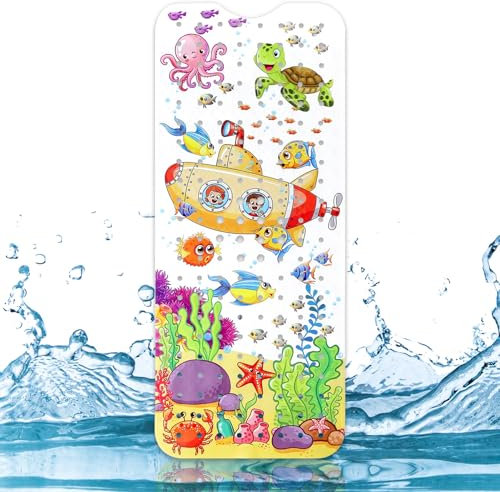 Capslpad Bathtub Mat Non Slip Anti Mould 40x100 cm Cartoon Submarine Bath Mats Extra Large Soft Bath Seat Mat with Suction Cups & Drain Holes Machine Washable Sea Animals Bath Mat