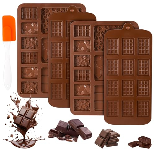 patinadrift 4 Stück Schokoladenform Silikon, Silikonform Schokolade mit Silikon Spatel, Leicht Abzunehmen Süßigkeitenformen Silikon-Backform, Silikonform Schokoladentafel für Praline, Eiswürfel