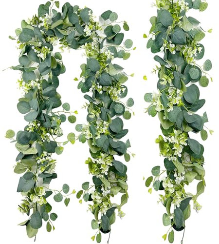 NEUSID 2PCS Artificial Eucalyptus Garland, 5.8 FT Realistic Leaves and Ginkgo Mixed Hanging Plants Vines Faux Greenery Garland for Wedding Party Bedroom Home Decoration
