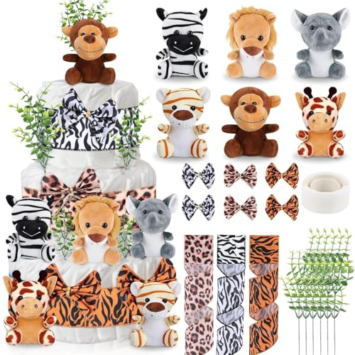 23 Pcs Diaper Cake Kit Woodland Animals Party Diaper Cake Decorations Mini Stuffed Forest Animals Jungle Animal Diaper Cake for Birthday Party Supplies Table Decors (Jungle Animals)
