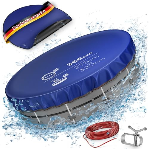 Poolabdeckung 200g /m3 - UV-behandelte 2-in-1 Poolplane, beidseitig verwendbare Abdeckplane rund (Schwarz/Blau), inkl. 3mm Stahlseil & Seilspanner, verstärkte Kanten (Ø 366 cm)