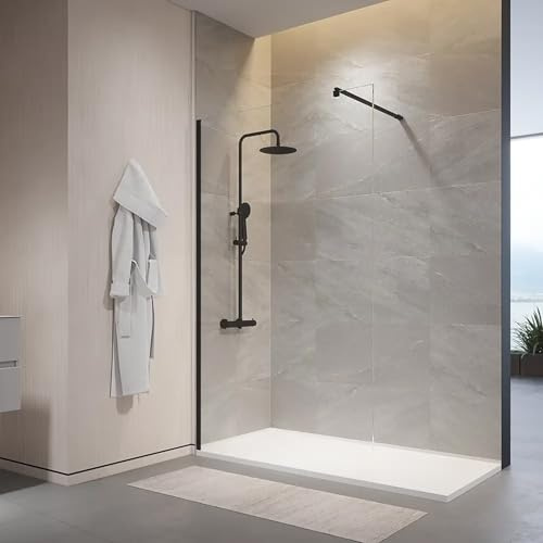 Box Doccia Walk-In 140 cm Altezza 200cm Parete Fissa Vetro Temperato Trasparente da 10mm con Trattamento Anticalcare Braccio Telescopico SUS304 Profili Alluminio Nero Opaco