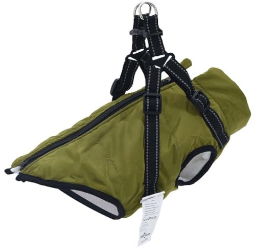 vidaXL Hundemantel mit Geschirr Wasserdicht Reflektierend Armeegrün L36, Hundemantel Winter, Hundejacke mit Geschirr, Welpenmantel mit Geschirr