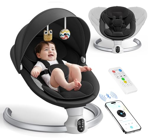 Balançoire électrique pour bébés, avec application et télécommande, harnais 5 points, 10 musiques Bluetooth et 5 vitesses, supporte 9 kg pour les nouveau-nés de 0 à 6 mois, garçons et filles