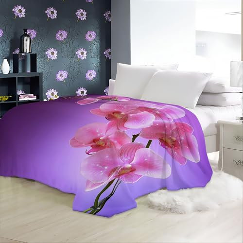 Kuscheldecke 180 x 220 cm Weich und Gemütlich Sofadecke Blumen Orchideen Drucken Decke für Kinder Jungen Mädchen Lila Winter warm halten Raumdekor Wohndeckes
