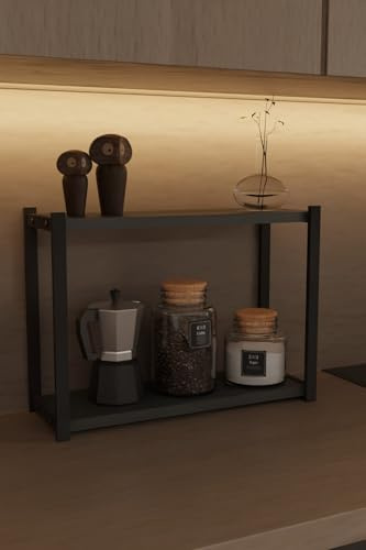 Organizer da Cucina, mensole da cucina, portaspezie salvaspazio Supporto Porta Spezie Appoggio mensola Ripiani Salvaspazio Organizzatore Cucina Armadietto Bagno (ANTRACITE, 2 RIPIANI LEGNO E METALLO)