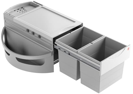 Hailo Abfallsammler Rondo | Eckabfallsammler für 90x90 Eckunterschrank | mit 2x 18 L Inneneimer Multifunktionseimer Seitenschalen | 360 Grad komplett drehbar | Hellgrau