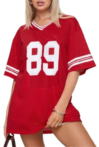 Women Y2k Jersey Shirts Short Sleeve V Neck Oversized Number Graphic T-Shirt Sport Casual Tee Tops Summer Streetwear (A-Red, L)