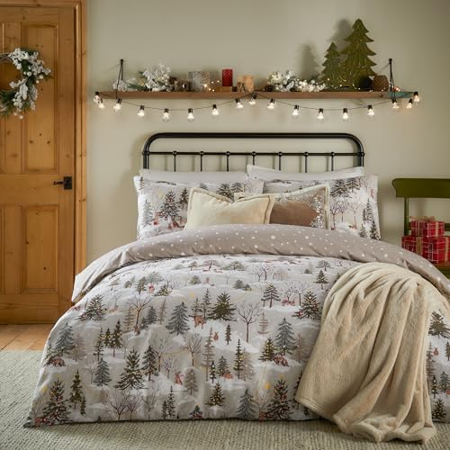 furn. Forest Festivities Set Copripiumino (Naturale - Doppio) | Reversibile 100% Cotone Foresta Invernale Animali Del Bosco Biancheria Da Letto