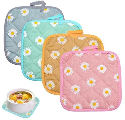 VOSSOT 4er Set Topflappen Baumwolle Set, 17x17cm Hitzebestaendig Anti-rutsch Topflappen, Kitchen Pot Holders, Waschbare Schutzlappe Topfuntersetzer Topflappen zum Kochen Backen Küchenzubehör