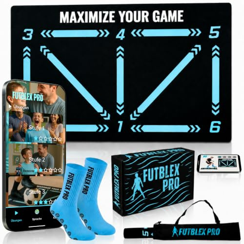 Tapis Entrainement Foot – Inclut une Application d’Entraînement avec Vidéos Interactives et Programmes Progressifs + Chaussettes Antidérapantes, Sac de Transport et Boîte Premium pour Cadeau