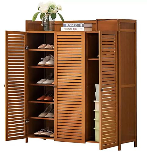 angelfanmily Armadietto Portascarpe in bambù a 7 Ripiani con 3 Ante, Mensola Scarpe in Stile Rustico per Ingresso, Corridoio, Camera da Letto, Organizzatore Multifunzionale con Scaffali