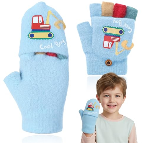 THQAE 1 paio Guanti senza dita, Guanti bambino per bambini Guanti invernali caldi convertibili Flip Top Fodera in maglia morbida ed elastica Cartoon carino per bambini ragazzo ragazze 3-5 anni - Blu