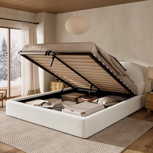 Merax Lit capitonné 180x200 cm, lit Double avec Espace de Rangement hydraulique, sommier à Lattes et tête de lit rembourrée, Coins arrondis, Doux pour la Peau, Tissu bouclé, Beige (sans Matelas)