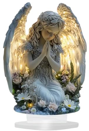 Praying Angel Decoraton,2D Angel With Light,Waterproof Devout Girl Statue,Christmas Angels Table Sign For Garden Cemetery Courtyard Office Home