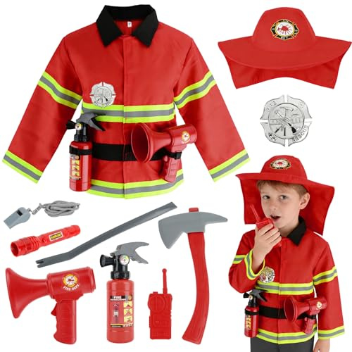 Fantspati Brandkårskostym för barn, 11-delat rollspelsset med jacka, brandsläckare för pojkar och flickor från 3–7 år – realistisk brandmansutrustning för fantasifull lek