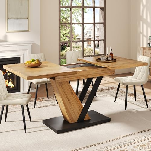 BTM Extendable Dining Table 120-160 x 75.5 cm Dining Room Extending Kitchen Table for Small Spaces Natural+Black(Only Table)