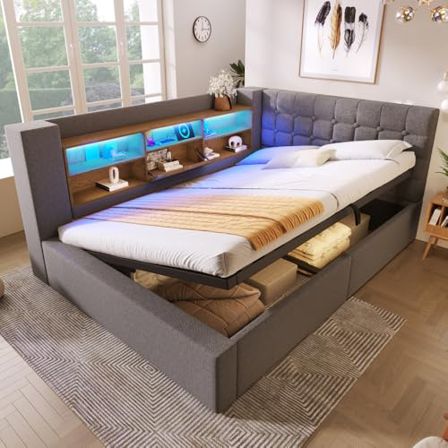 Lit simple rembourré en lin 140x190 avec éclairage LED,lit coffre hydraulique avec rangement,tête de lit en L avec rangement,montable des deux côtés,sommier à lattes (sans matelas) (Gris,140x190)